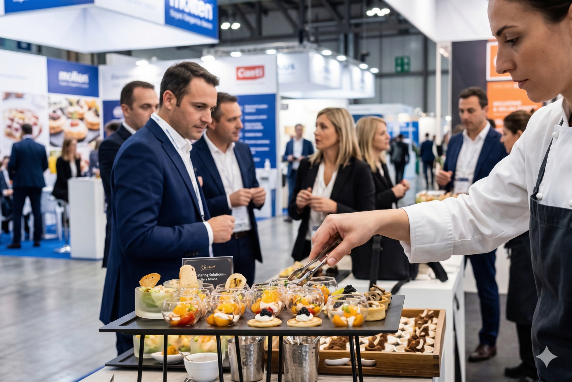 Persone vicino a uno stand di un fornitore catering in fiera