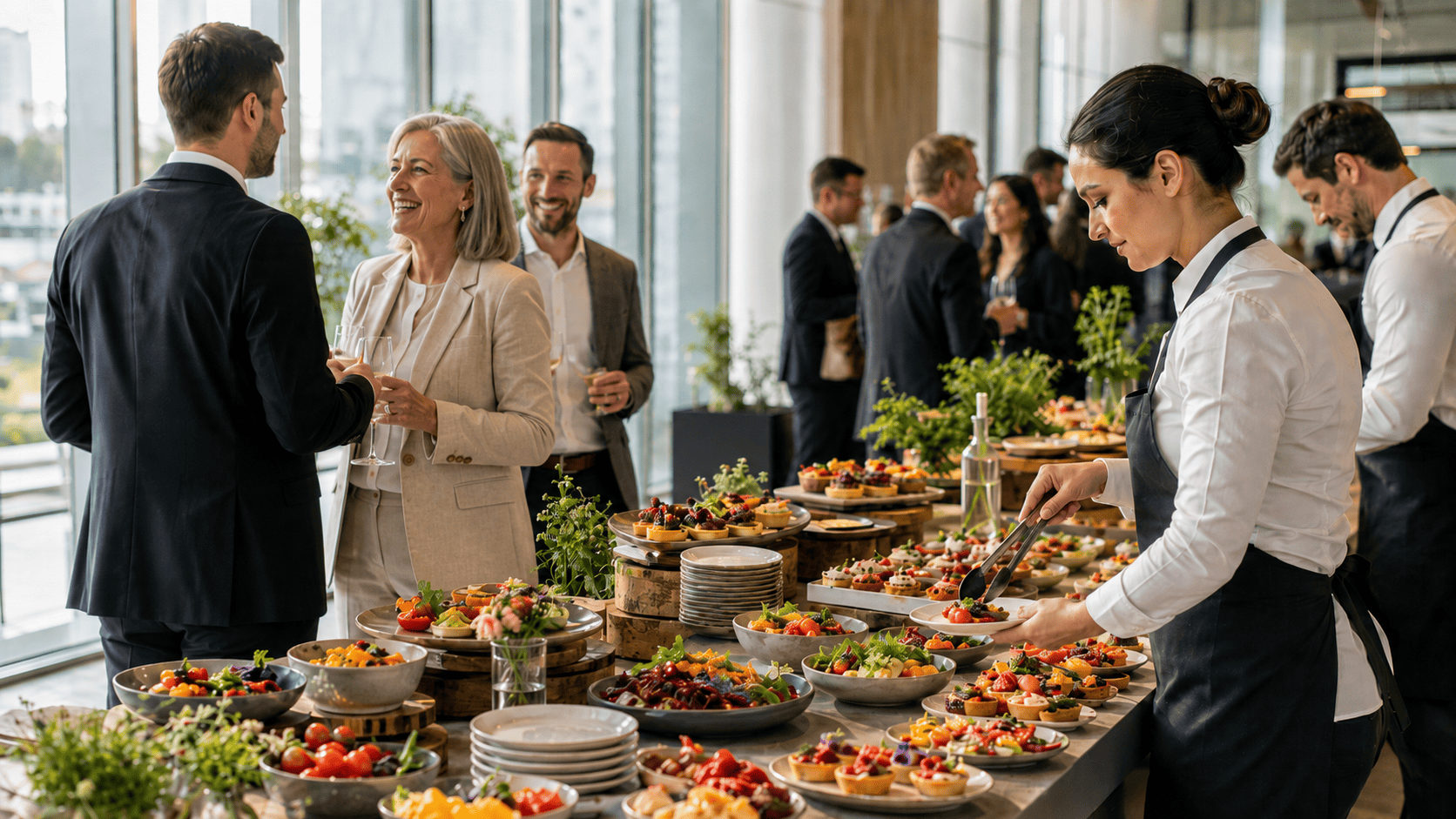 Banqueting e catering sostenibili per eventi di aziende Persone a un evento aziendale che chiacchierano e a fianco banqueting e catering sostenibili con cibo di stagione